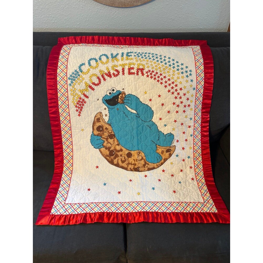 Cookie Monster Sesame Street muppets rainbow stars quilt blanket vintage satin